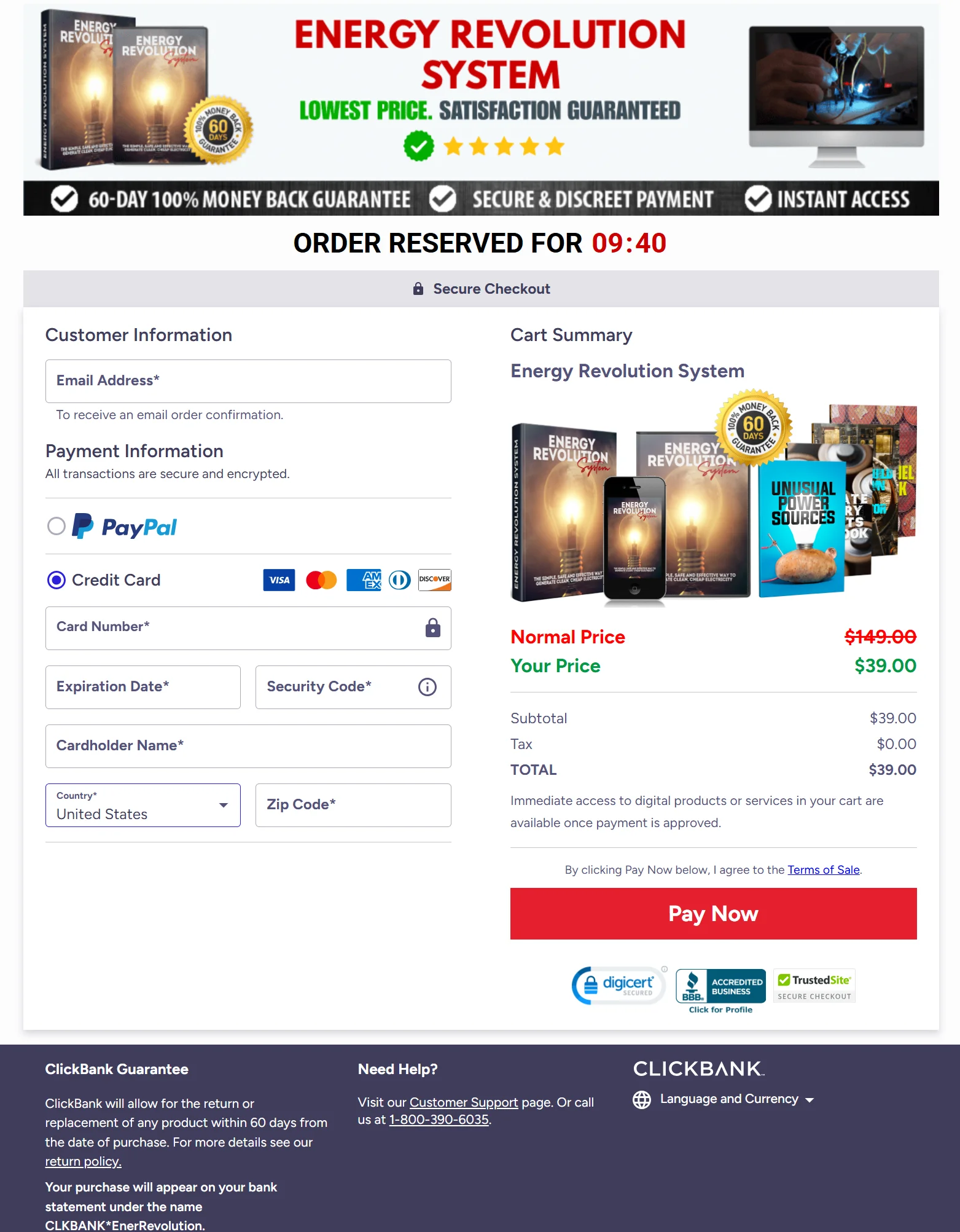 Energy Revolution System secure checkout page - order now for $39